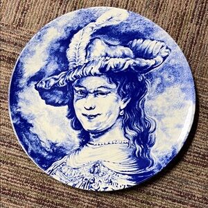 Vintage Decorative La Louviere Boch Delft Blue Plate Society Woman
